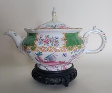 Rare Antique Minton Green Cockatrice Batchelor's Teapot on Oriental Wooden Stand