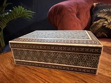 Vintage Middle Eastern Inlaid Mosaic Wooden Box Geometric Sadeli Work 12.7cm