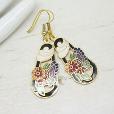 Beautiful Vintage Cloisonne Enamel Black Flower Gold Drop EARRINGS Jewellery