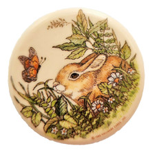 RARE Hallmark BUTTON PIN Vintage BUNNY Rabbit & BUTTERFLY in Flowers 1980