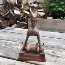 Old Vintage African Tribal Carved Wooden Guro Heddle Pulley Ivory Coast On Stand