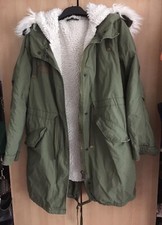 TOP SHOP Woman's Thick Coat Faux Fur Lined Hood Khaki Padded Parka UK Size 10