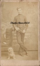 ALDERSHOT LONDON MILITARY CDV HUSSAR IN STABLE DRESS UNIFORM & PET TERRIER DOG