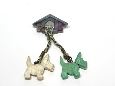 1940s Vintage Scottie Dogs with Kennel Celluloid Pin Brooch Green White Terriers