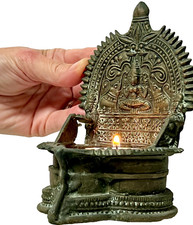 ANTIQUE BRONZE LAKSHMI OIL LAMP GAJALAKSHMI FLANKED BY ELEPHANTS INDIAN 19th c