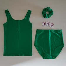 (#113) Age 9/11 Highland 3 Pieces Dance Long Vest Top/Briefs/Scrunchie Emerald