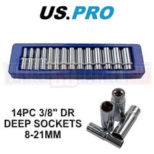 US PRO 14 Piece 3/8" Dr 6 Point Deep Metric Socket Set 8mm - 21mm 1389
