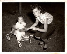 1950s Snapshot Woman & Child With Pedal Car Toy Gelatin Silver Print Capri Pants
