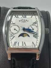 Rotary Moonphase Men’s Quartz Watch Roman Numeral White Dial Stainless Tonneau