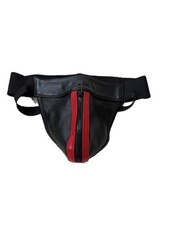 Men,s Leather Jockstrap With Red Front strips With Central zip Elastic Waist