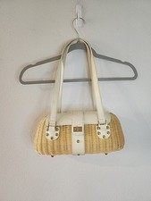 ETIENNE AIGNER Woven Wicker Basket Oblong Purse Handbag Leather Handles Straw