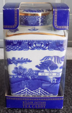 Ringtons Willow Pattern Tea Caddy Square Made in England Boxed 14cms