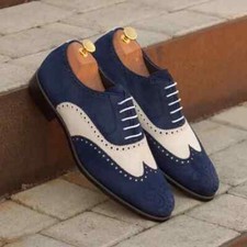 Men's Handmade Brogue men's Blue Surd and Off White Surd leather Wedding shoes