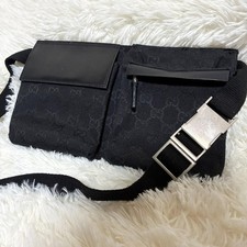 GUCCI GG Canvas Waist Belt Bag Black Leather Shoulder Bum Bag Authentic