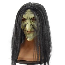 Cosplay Latex Old Costume Mask with Hair Halloween Witch Mask Scary Realistic