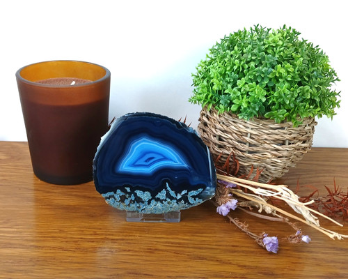 Blue agate geode crystal slab - agate,