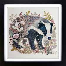 Badger Floral Art No.2 Framed Canvas Wall Art Print Poster Picture, Home Decor