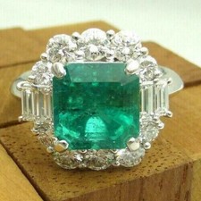 4.0Ct Art Deco Style Lab-Created Diamond & Green Emerald Engagement Silver Ring