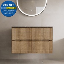 800mm Bathroom Vanity Unit Grey Marble Countertop Wall Hung Fluted Oak Unit