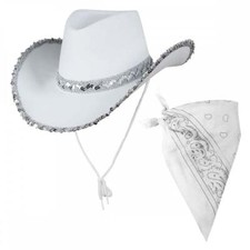 WHITE Texan Cowgirl Hat with Sequins + WHITE Bandana Ladies Cowboy Fancy Dress
