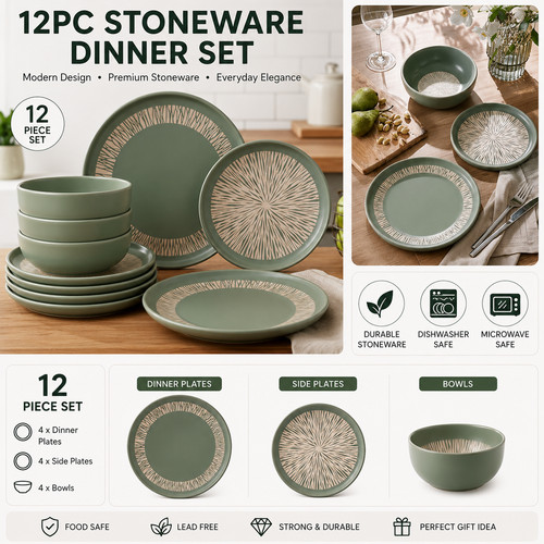 12pc premium stoneware dinner - stoneware,