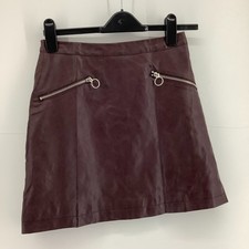 PRIMARK Burgundy Faux Leather Mini Skirt Silver Zips A-Line UK 8 Pleather
