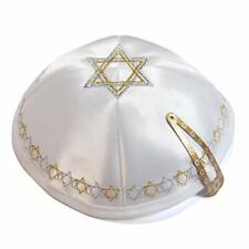 Satin 20cm White Embroidered Magen David Kippah Jewish Yarmulke Synagogue