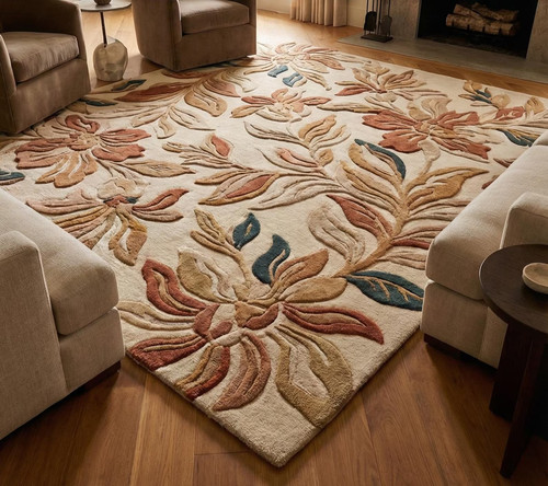 Hand tufted beige floral wool - hand,
