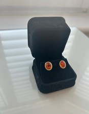 Pretty Vintage 9CT Gold Tested Amber Cabochon Faceted Border Stud Earrings 0.65g