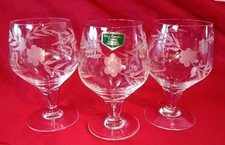 Set Of 3 Hand Cut West Country Crystal Brandy Glasses W/ Etched Floral Design