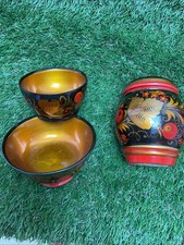 Khokhloma Lacquered Wood Folk Art 2x Bowl and Lidded Pot Red Black Gold Russian