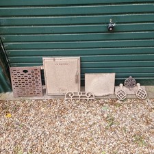 Lot Antique Cast Iron Stove Fireplace Parts Grates Door Panels Trivets Salvage