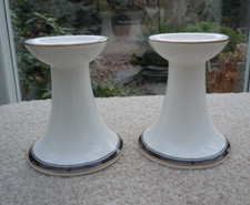 Classy Pair Royal Bone China Candlestick Holders Black and Gold Gilt Trims