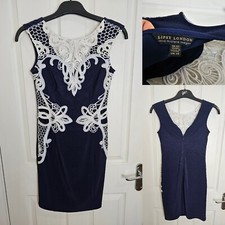 Size 8-10 Michelle Keegan Lipsy Blue White Lace Bodycon Knee Length Party Dress