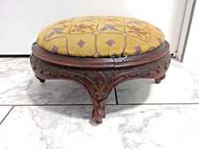 Antique French Carved Walnut Circular Wooden Tapestry Footstool
