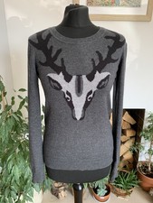 Hobbs NW3 Grey Stag Jumper 8 - Cotton Angora Blend Pullover Embroidered Deer