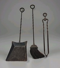 Vintage Cast Iron Fireplace Companion Set Tools Set of 3 Black Handmade