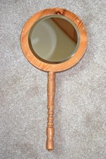 VINTAGE WOODEN HAND HELD MIRROR MID CENTURY ROUND BEVELLED GLASS
