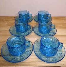 60s 70s Vintage Cups & Saucers Flower Power Vereco France Blue Tea Set 6 Retro