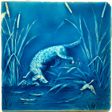 Victorian Minton Hollins Blue Glaze Moulded Majolica 8" Tile Hunting Dog C1880