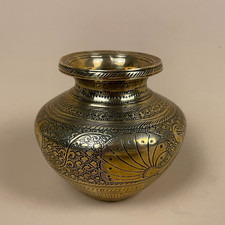 Gold Indian Patterned Brass Pot Small Jardiniere Asian Vase Antique Metal Mini