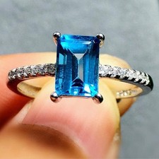 3ct Emerald Cut Aquamarine Diamond Solitaire Engagement Ring 14k White Gold Over