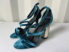 Teal Velvet T-Strap Chunky Silver Geometic Block Heels UK 6 EU 39 Open Toe
