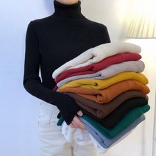 Womens Ladies High Roll Neck Fine Jumper Sweater Long Sleeve Ribbed Warm Tops UK