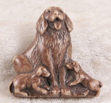 Unmarked ceramic brooch with cocker spaniel & puppies 1.5 inches tall dog