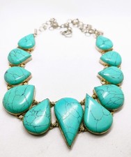 Stunning Silver Tone Turquoise Coloured Teardrop Stone Bib Necklace