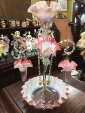 Antique Victorian Pink and Milk Glass Epergne with Hanging Baskets