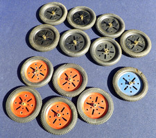 A group of thirteen hardened Meccano 3" tyres on part 19b pulleys.