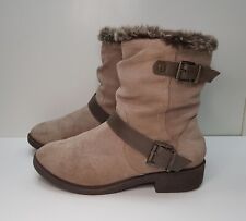 M&S FOOTGLOVE SIZE 5UK EUR38 WOMENS BEIGE SUEDE ANKLE HIGH SNOW BOOTS ZIP FUR
