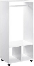 Rolling Wooden Open Wardrobe Hanging Rail 3 Shelves Small Clothes Storage White